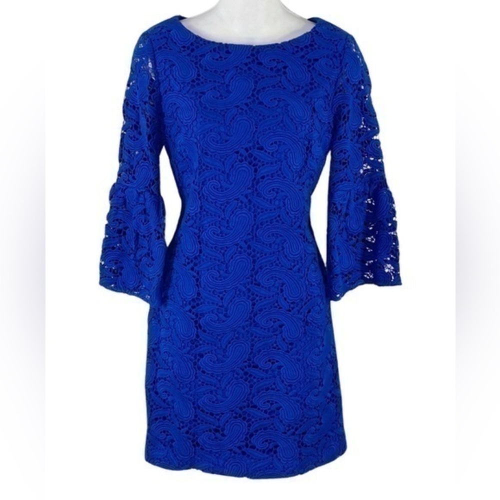 Cynthia Steffe Cobalt Blue Paisley Crochet Lace Bell Sleeve Sheath Dress AF26